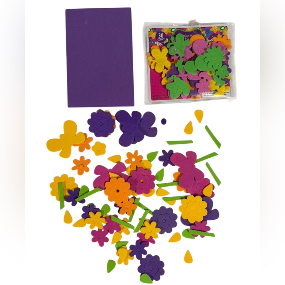 Lot of 107 foam stickers flowers & butterflies in 5 colors NEW